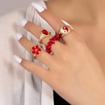 Natural Stone Red Enamel Flower Fashion Rings Set
