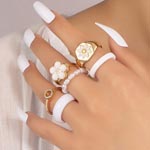 White Plastic Pearl Enamel Flower Rings Set