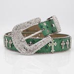 Metal Cross Charm Green Leather Belt
