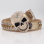 Gold Rhinestone Skull Buckle Genuine Leather Belt