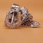 Champagne Rhinestones Silver Studs Leather Belt