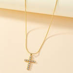 Gemstones Cross Pendant Round Snake Chain Necklace