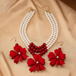 Three-String Pearl Necklace with Red Flower Inlaid Pendant and Earrings Set