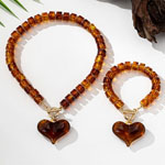 Vintage Amber Resin Big Puffy Heart Necklace Bracelet Set